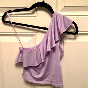 XS light purple, one-shoulder Express crop top with ruffles.